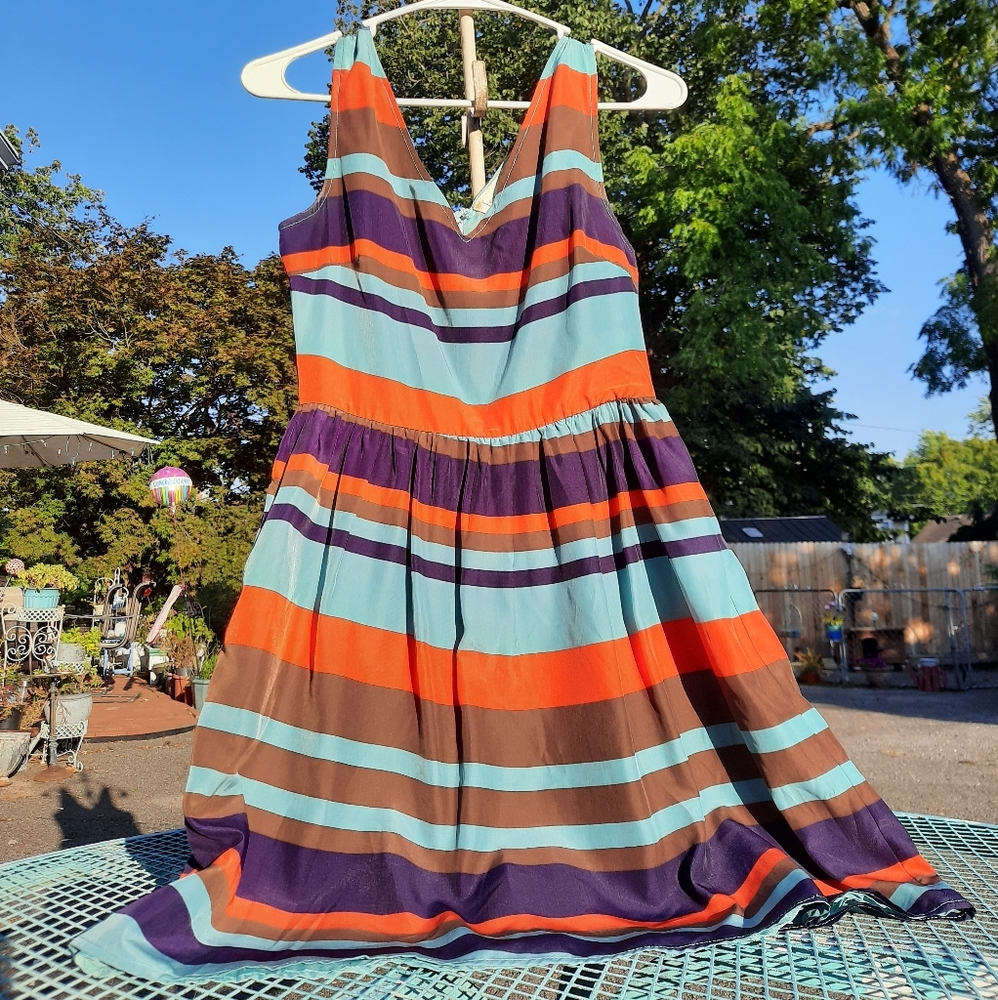 Colorful Striped V-Neck Mini Dress Gathered Skirt